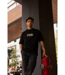 Unisex Bisiklet Yaka Baskılı Oversize T-Shirt - Siyah