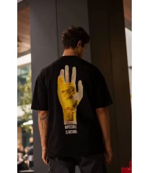 Unisex Bisiklet Yaka Baskılı Oversize T-Shirt - Siyah