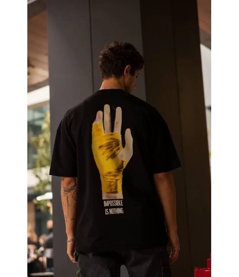 Unisex Bisiklet Yaka Baskılı Oversize T-Shirt - Siyah