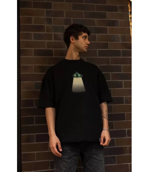 Unisex Bisiklet Yaka Baskılı Oversize T-Shirt - Siyah