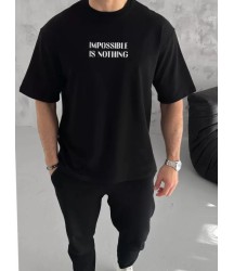 Unisex Bisiklet Yaka Baskılı Oversize T-Shirt - Siyah