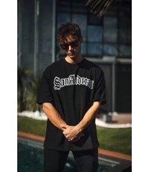 Unisex Bisiklet Yaka Baskılı Oversize T-Shirt - Siyah