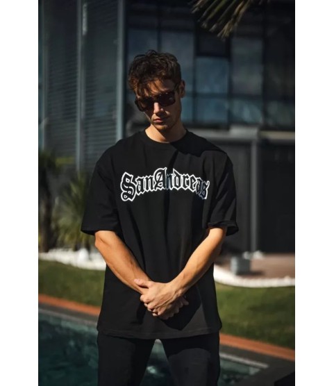 Unisex Bisiklet Yaka Baskılı Oversize T-Shirt - Siyah
