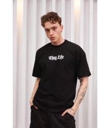 Unisex Bisiklet Yaka Baskılı Oversize T-Shirt - Siyah