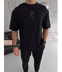 Unisex Bisiklet Yaka Baskılı Oversize T-Shirt - Siyah