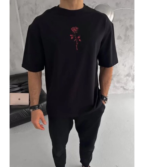 Unisex Bisiklet Yaka Baskılı Oversize T-Shirt - Siyah