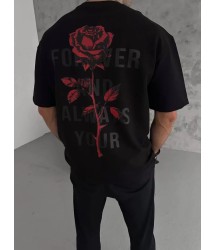 Unisex Bisiklet Yaka Baskılı Oversize T-Shirt - Siyah
