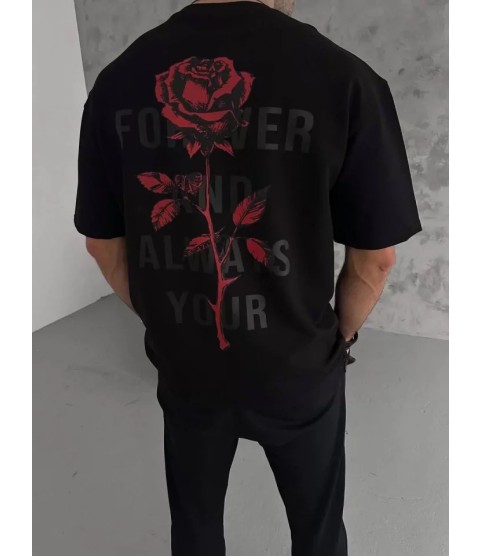 Unisex Bisiklet Yaka Baskılı Oversize T-Shirt - Siyah