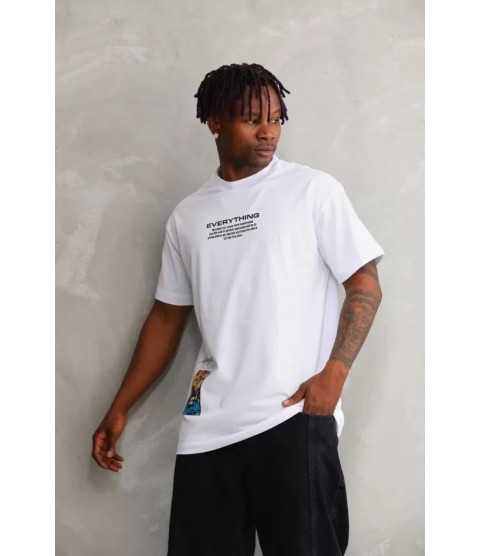 Unisex Bisiklet Yaka Baskılı Oversize T-Shirt - Beyaz