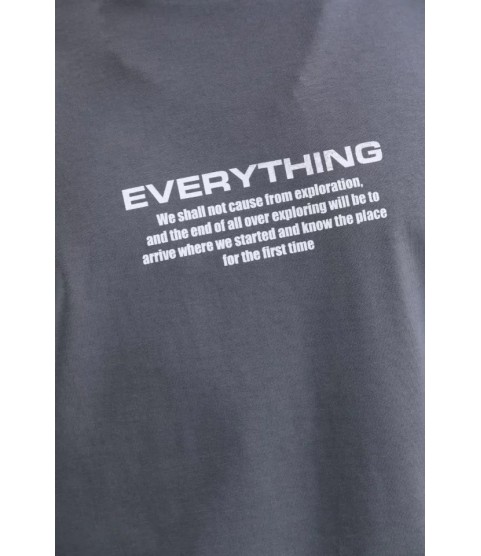 Unisex Bisiklet Yaka Baskılı Oversize T-Shirt - Gri