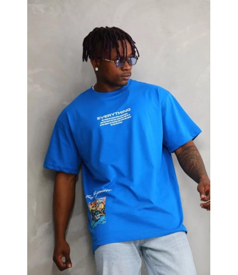 Unisex Bisiklet Yaka Baskılı Oversize T-Shirt - Mavi