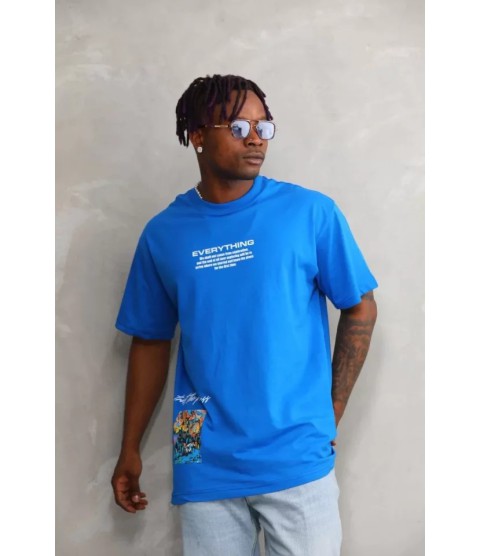 Unisex Bisiklet Yaka Baskılı Oversize T-Shirt - Mavi