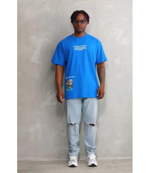 Unisex Bisiklet Yaka Baskılı Oversize T-Shirt - Mavi