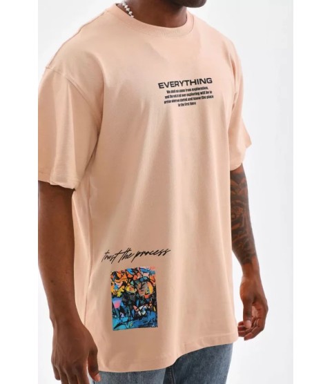Unisex Bisiklet Yaka Baskılı Oversize T-Shirt - Bej