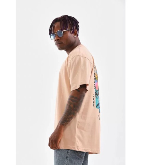 Unisex Bisiklet Yaka Baskılı Oversize T-Shirt - Bej