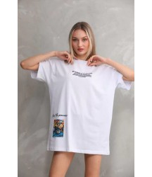 Unisex Bisiklet Yaka Baskılı Oversize T-Shirt - Beyaz