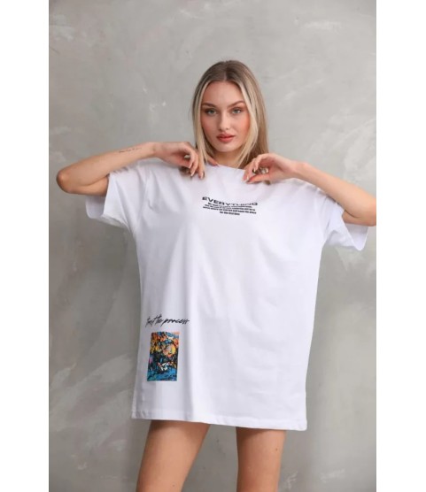 Unisex Bisiklet Yaka Baskılı Oversize T-Shirt - Beyaz