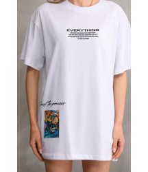 Unisex Bisiklet Yaka Baskılı Oversize T-Shirt - Beyaz