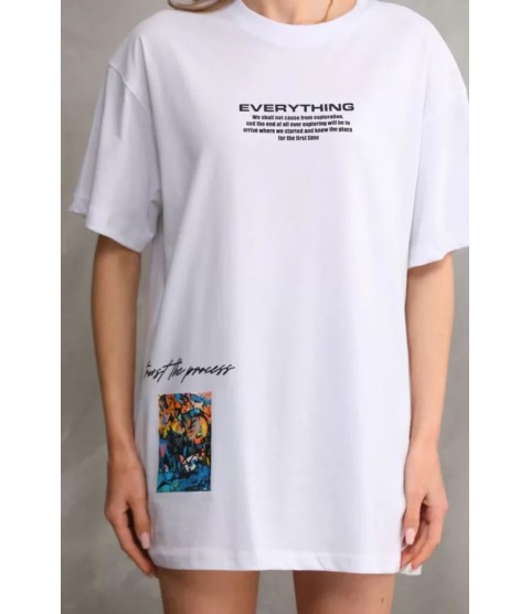 Unisex Bisiklet Yaka Baskılı Oversize T-Shirt - Beyaz