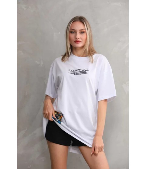 Unisex Bisiklet Yaka Baskılı Oversize T-Shirt - Beyaz