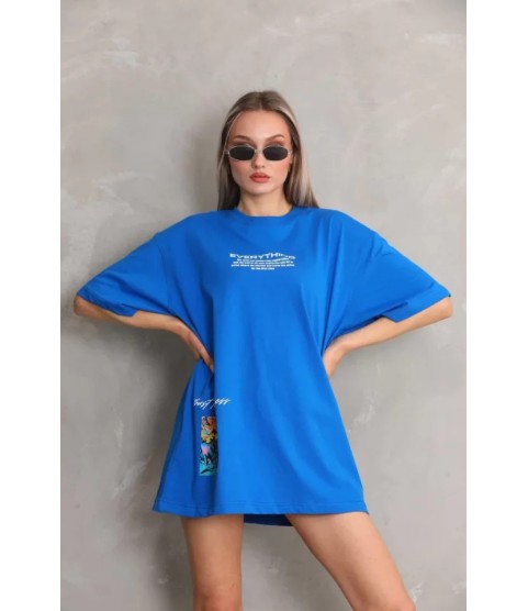 Unisex Bisiklet Yaka Baskılı Oversize T-Shirt - Mavi