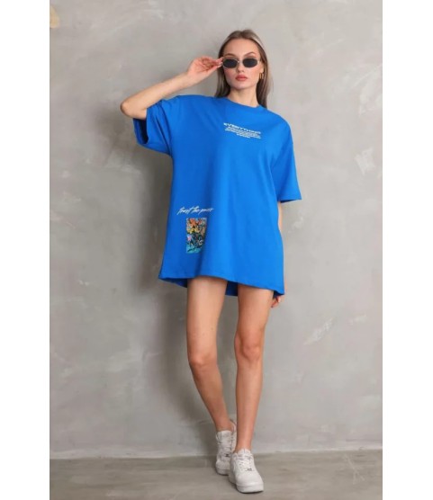 Unisex Bisiklet Yaka Baskılı Oversize T-Shirt - Mavi