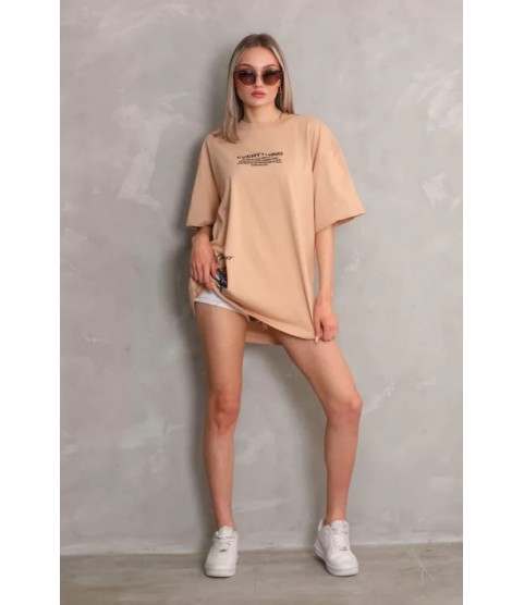 Unisex Bisiklet Yaka Baskılı Oversize T-Shirt - Bej