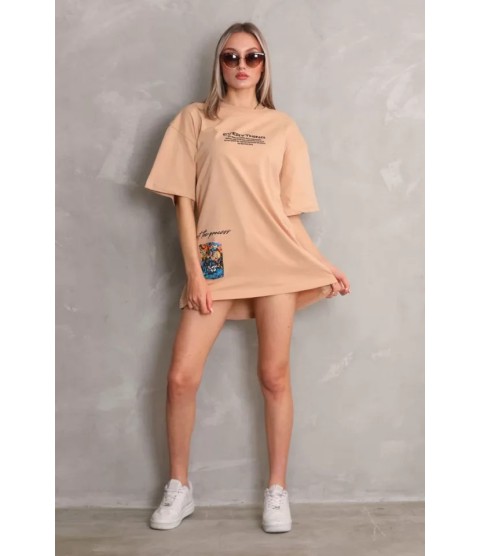 Unisex Bisiklet Yaka Baskılı Oversize T-Shirt - Bej