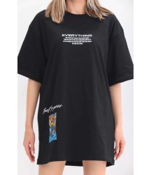 Unisex Bisiklet Yaka Baskılı Oversize T-Shirt - Siyah