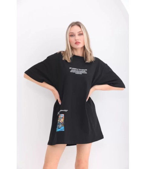 Unisex Bisiklet Yaka Baskılı Oversize T-Shirt - Siyah