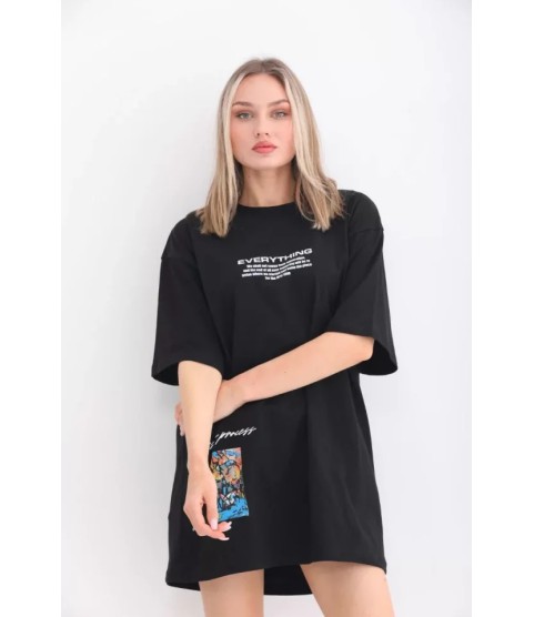 Unisex Bisiklet Yaka Baskılı Oversize T-Shirt - Siyah