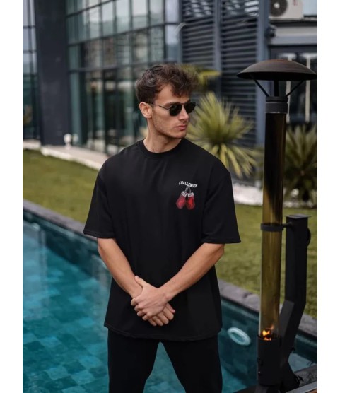 Unisex Bisiklet Yaka Baskılı Oversize T-Shirt - Siyah