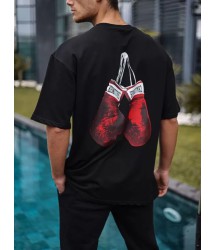 Unisex Bisiklet Yaka Baskılı Oversize T-Shirt - Siyah