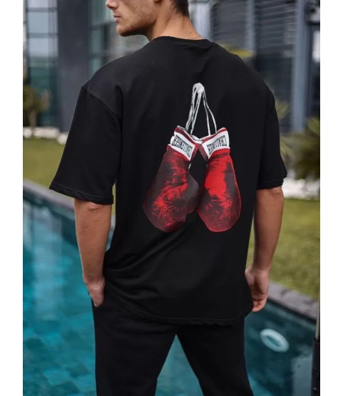 Unisex Bisiklet Yaka Baskılı Oversize T-Shirt - Siyah