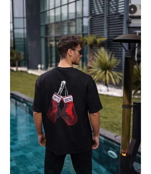 Unisex Bisiklet Yaka Baskılı Oversize T-Shirt - Siyah