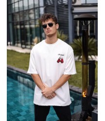 Unisex Bisiklet Yaka Baskılı Oversize T-Shirt - Beyaz