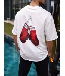 Unisex Bisiklet Yaka Baskılı Oversize T-Shirt - Beyaz