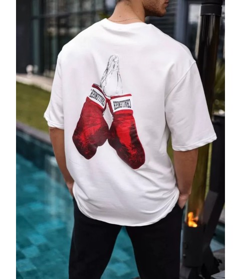Unisex Bisiklet Yaka Baskılı Oversize T-Shirt - Beyaz