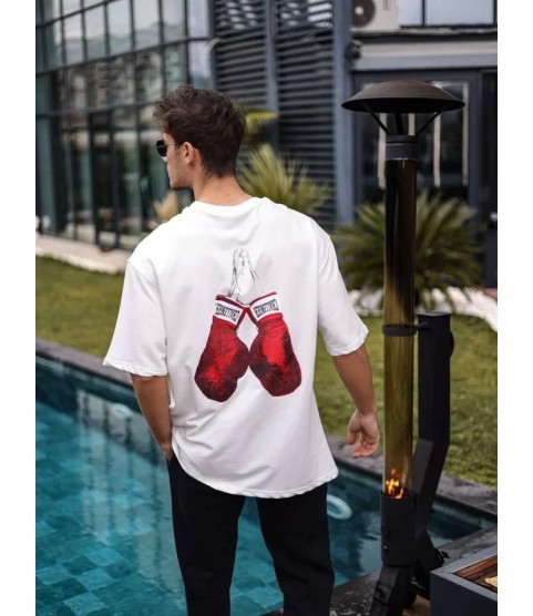 Unisex Bisiklet Yaka Baskılı Oversize T-Shirt - Beyaz