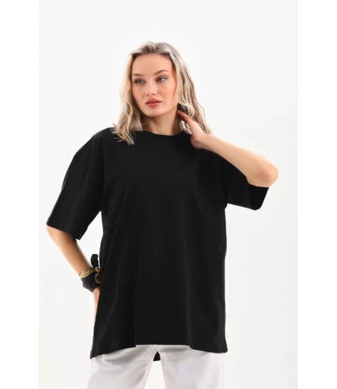 Unisex Bisiklet Yaka 20/1 Düz Oversize T-Shirt - Siyah