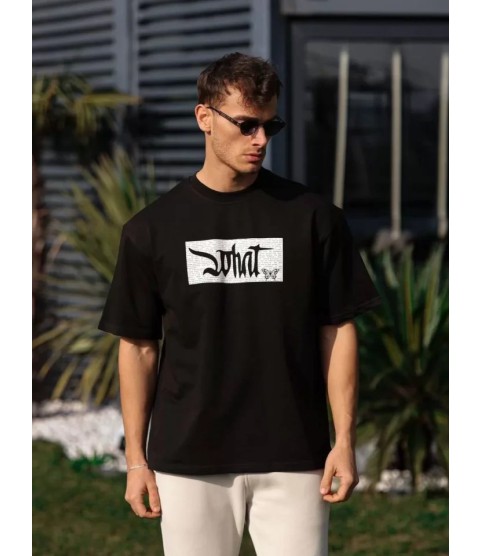 Unisex Bisiklet Yaka Baskılı Oversize T-Shirt - Siyah