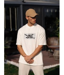 Unisex Bisiklet Yaka Baskılı Oversize T-Shirt - Beyaz