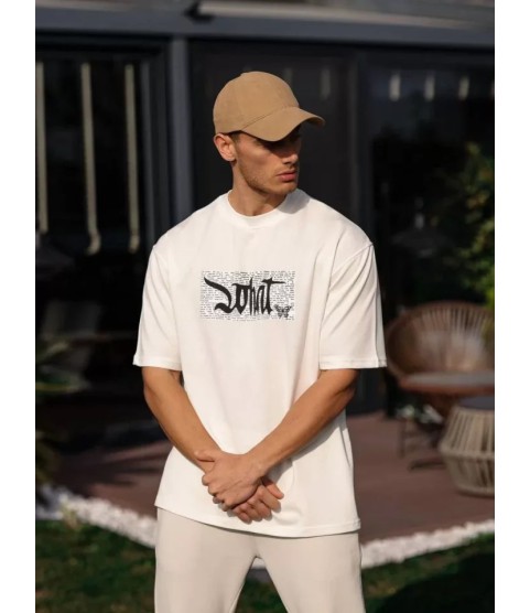 Unisex Bisiklet Yaka Baskılı Oversize T-Shirt - Beyaz