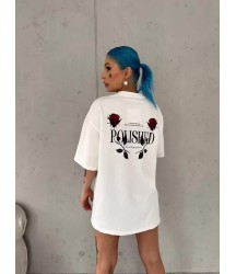 Unisex Bisiklet Yaka Baskılı Oversize T-Shirt - Beyaz