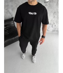 Unisex Bisiklet Yaka Baskılı Oversize T-Shirt - Siyah