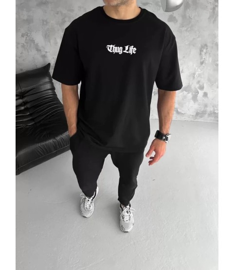 Unisex Bisiklet Yaka Baskılı Oversize T-Shirt - Siyah