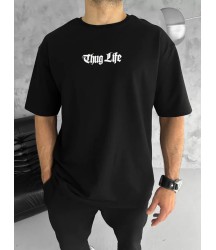 Unisex Bisiklet Yaka Baskılı Oversize T-Shirt - Siyah