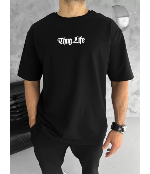 Unisex Bisiklet Yaka Baskılı Oversize T-Shirt - Siyah