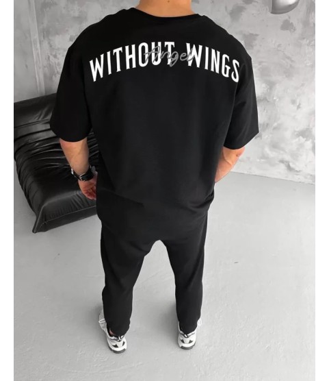 Unisex Bisiklet Yaka Baskılı Oversize T-Shirt - Siyah