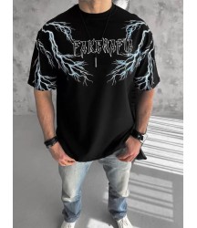 Unisex Bisiklet Yaka Baskılı Oversize T-Shirt-Siyah